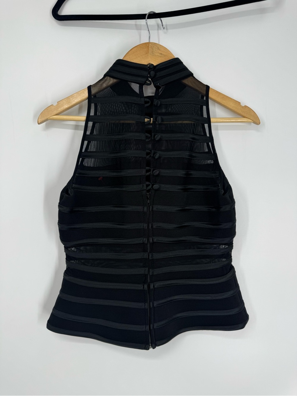 Vintage Cache Black Sheer Striped Mesh High Neck Peplum Top Blouse Size 6 - Picture 6 of 8